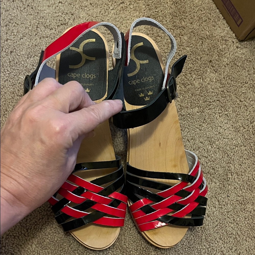 Women's Red and Black Mules by Cape Clogs